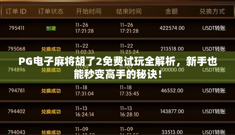 PG电子麻将胡了2免费试玩全解析，新手也能秒变高手的秘诀！